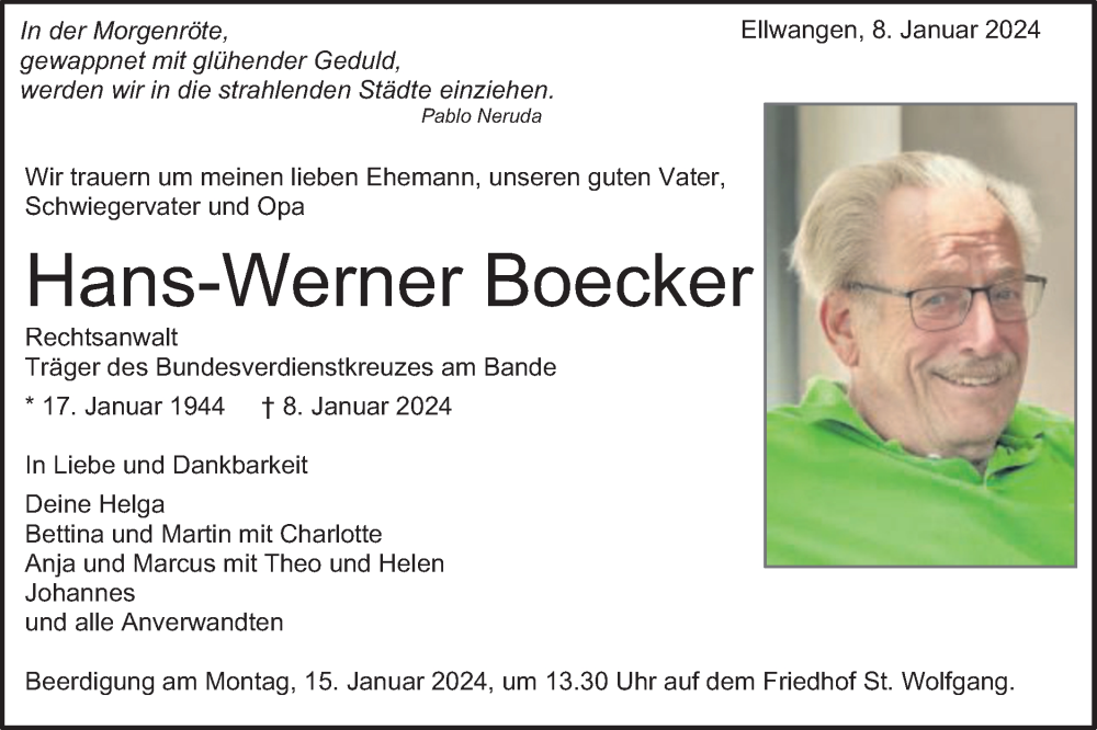  Traueranzeige für Hans-Werner Boecker vom 11.01.2024 aus Schwäbische Post