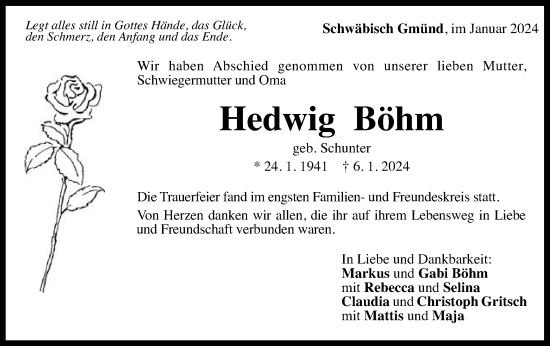 Traueranzeige von Hedwig Böhm von Gmünder Tagespost