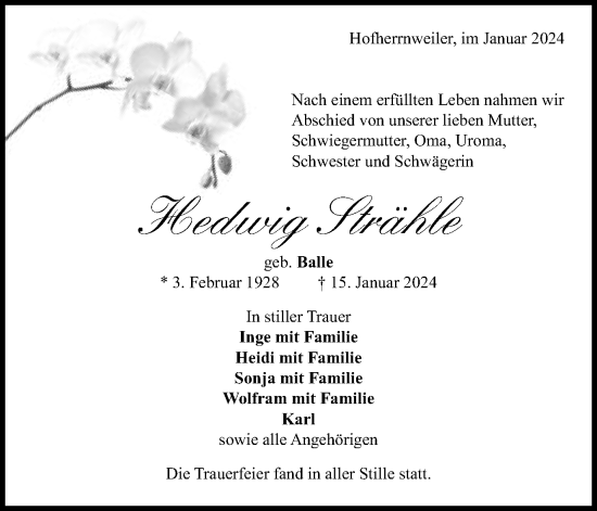 Traueranzeige von Hedwig Strähle von Schwäbische Post