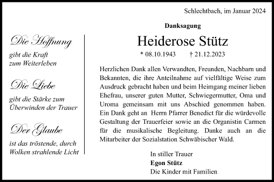 Traueranzeige von Heiderose Stütz von Gmünder Tagespost
