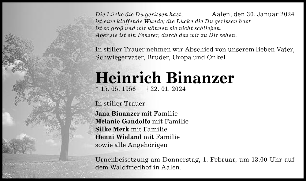  Traueranzeige für Heinrich Binanzer vom 30.01.2024 aus Schwäbische Post