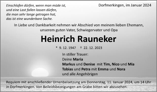 Traueranzeige von Heinrich Rauneker von Schwäbische Post