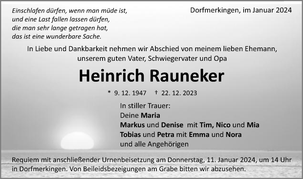  Traueranzeige für Heinrich Rauneker vom 08.01.2024 aus Schwäbische Post
