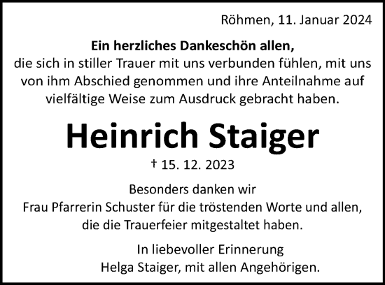 Traueranzeige von Heinrich Staiger von Schwäbische Post