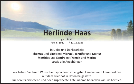 Traueranzeige von Herlinde Haas von Schwäbische Post