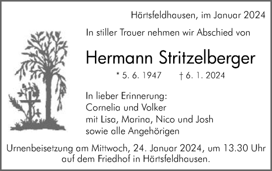 Traueranzeige von Hermann Stritzelberger von Schwäbische Post