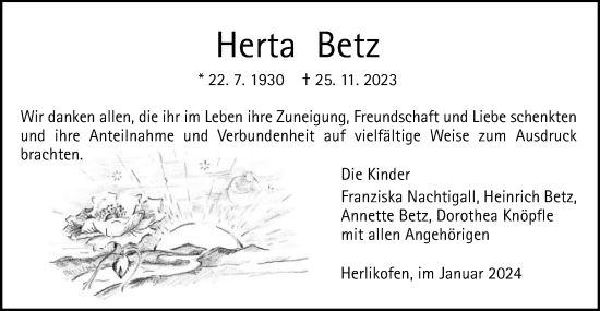 Traueranzeige von Herta Betz von Gmünder Tagespost