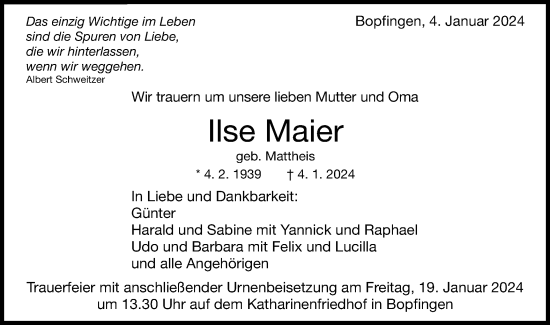 Traueranzeige von Ilse Maier von Schwäbische Post