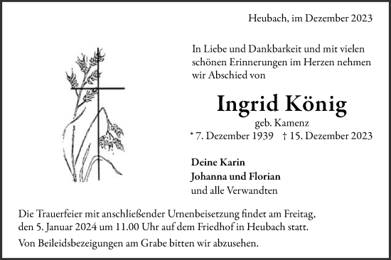 Traueranzeige von Ingrid König von Gmünder Tagespost