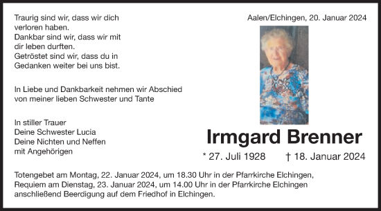 Traueranzeige von Irmgard Brenner von Schwäbische Post