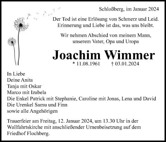 Traueranzeige von Joachim Wimmer von Schwäbische Post