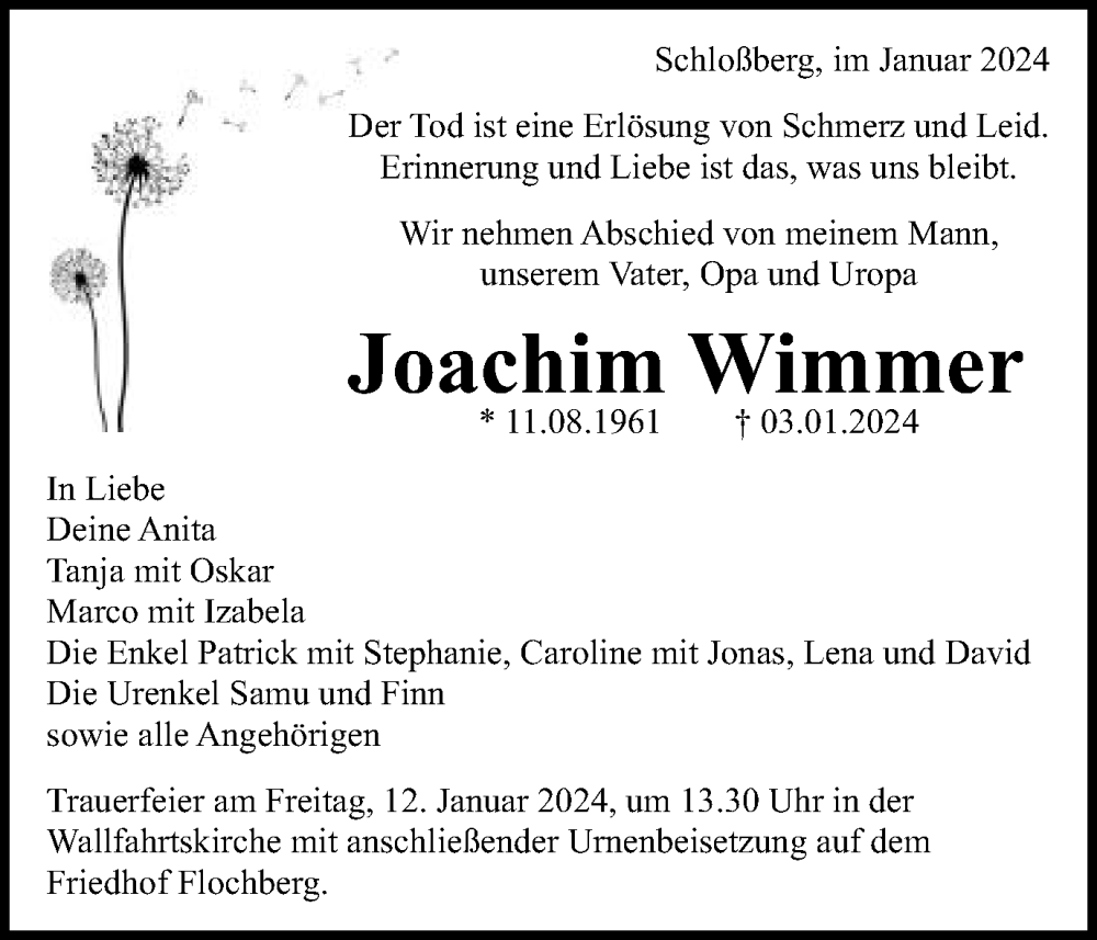  Traueranzeige für Joachim Wimmer vom 09.01.2024 aus Schwäbische Post