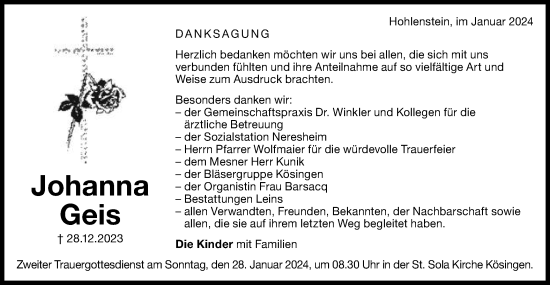 Traueranzeige von Johanna Geis von Schwäbische Post
