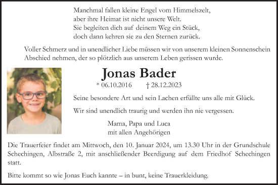 Traueranzeige von Jonas Bader von Gmünder Tagespost