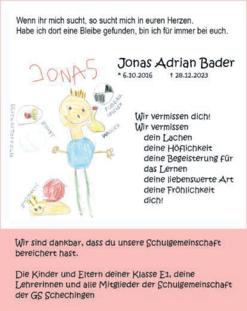  Traueranzeige für Jonas Adrian Bader vom 05.01.2024 aus Gmünder Tagespost