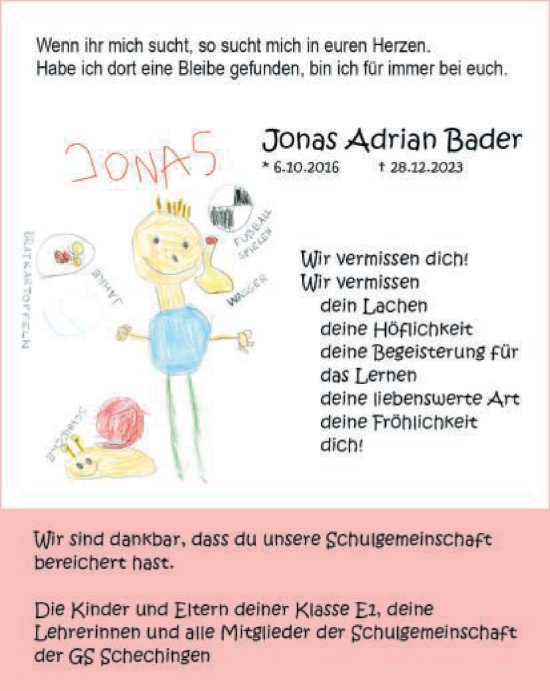 Traueranzeige von Jonas Adrian Bader von Gmünder Tagespost