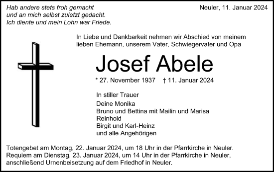 Traueranzeige von Josef Abele von Schwäbische Post