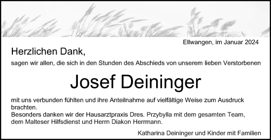 Traueranzeige von Josef Deininger von Schwäbische Post