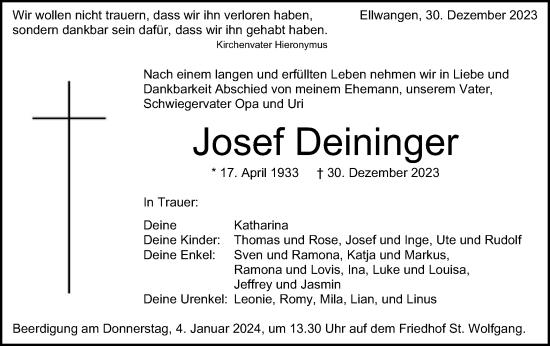 Traueranzeige von Josef Deininger von Schwäbische Post