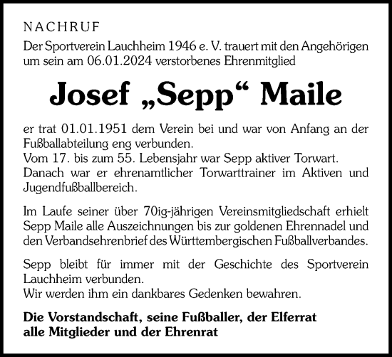 Traueranzeige von Josef Maile von Schwäbische Post