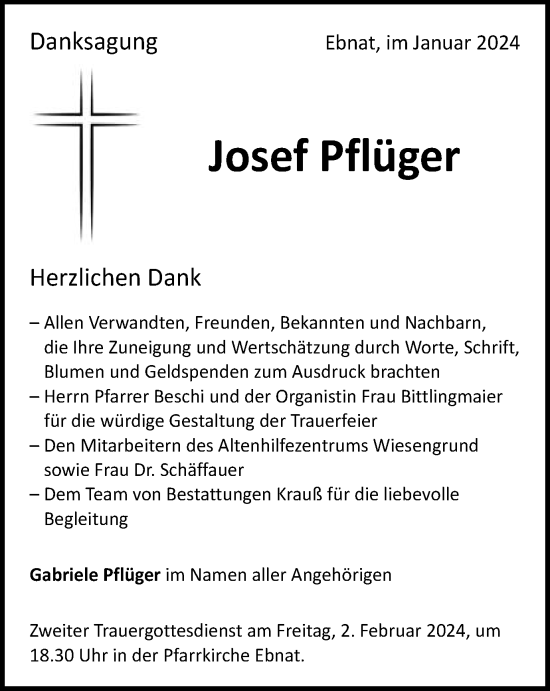 Traueranzeige von Josef Pflüger von Schwäbische Post