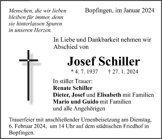 Traueranzeige von Josef Schiller von Schwäbische Post