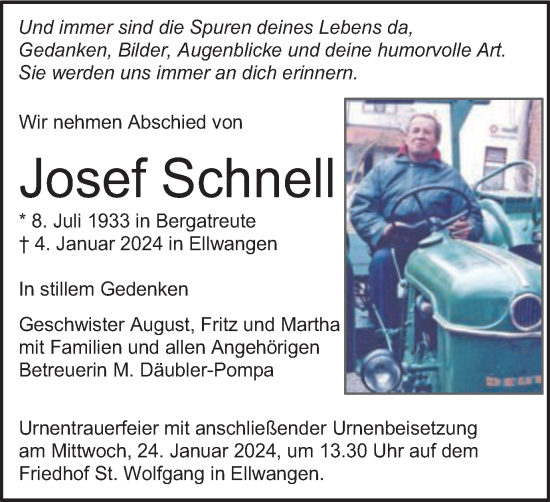 Traueranzeige von Josef Schnell