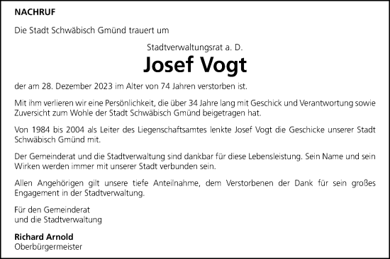 Traueranzeige von Josef Vogt