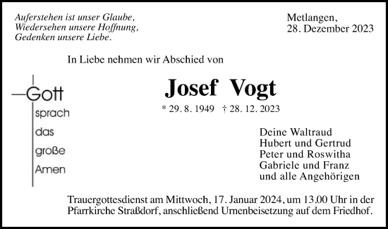 Traueranzeige von Josef Vogt