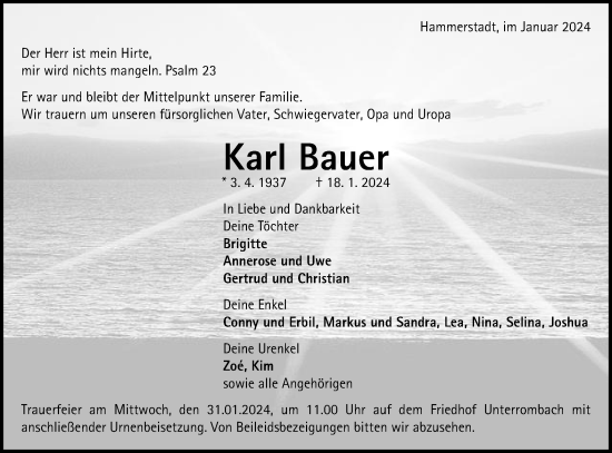 Traueranzeige von Karl Bauer von Schwäbische Post