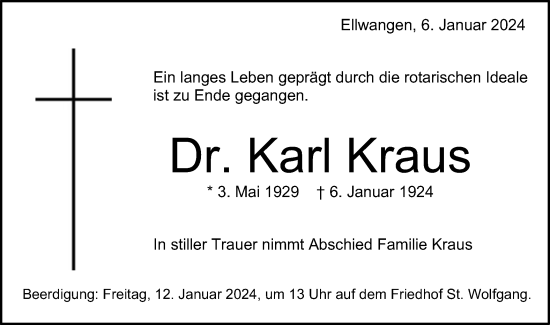 Traueranzeige von Karl Kraus von Schwäbische Post