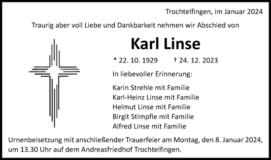 Traueranzeige von Karl Linse von Schwäbische Post