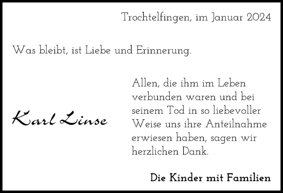 Traueranzeige von Karl Linse von Schwäbische Post