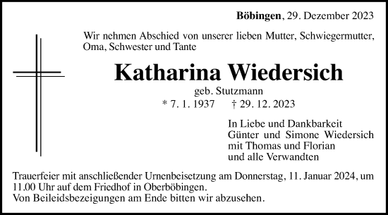 Traueranzeige von Katharina Wiedersich von Gmünder Tagespost