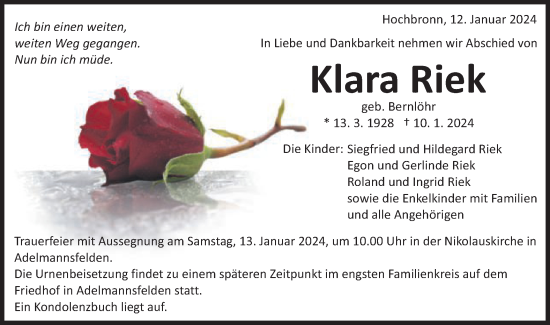 Traueranzeige von Klara Riek von Schwäbische Post