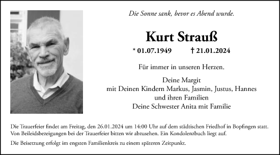 Traueranzeige von Kurt Strauß von Schwäbische Post