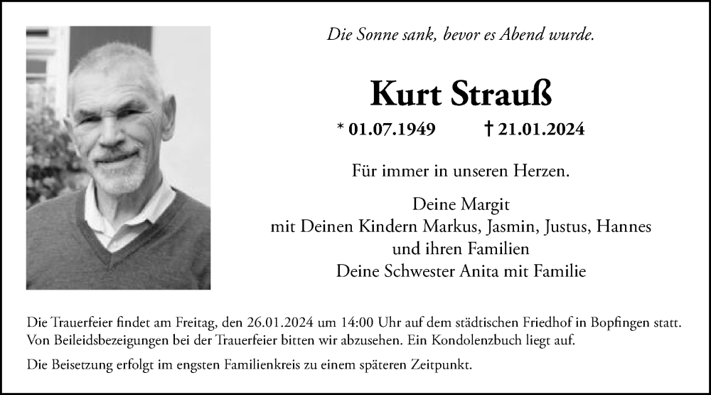  Traueranzeige für Kurt Strauß vom 24.01.2024 aus Schwäbische Post