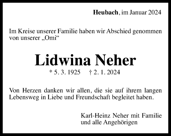 Traueranzeige von Lidwina Neher von Gmünder Tagespost