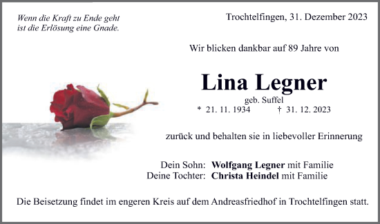 Traueranzeige von Lina Legner von Schwäbische Post