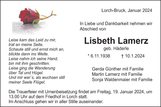 Traueranzeige von Lisbeth Lamerz von Gmünder Tagespost