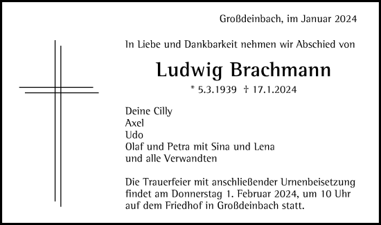 Traueranzeige von Ludwig Brachmann von Gmünder Tagespost