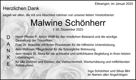 Traueranzeige von Malwine Schönherr