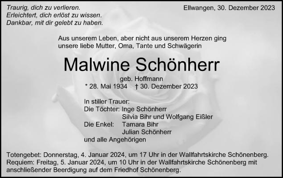 Traueranzeige von Malwine Schönherr von Schwäbische Post