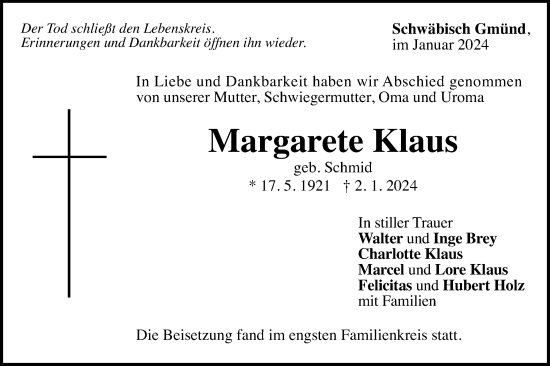 Traueranzeige von Margarete Klaus von Gmünder Tagespost
