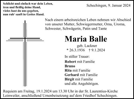 Traueranzeige von Maria Balle von Gmünder Tagespost