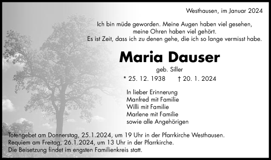 Traueranzeige von Maria Dauser von Schwäbische Post