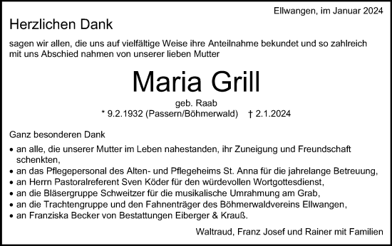 Traueranzeige von Maria Grill