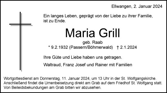 Traueranzeige von Maria Grill von Schwäbische Post