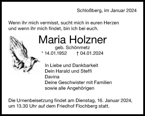 Traueranzeige von Maria Holzner von Schwäbische Post