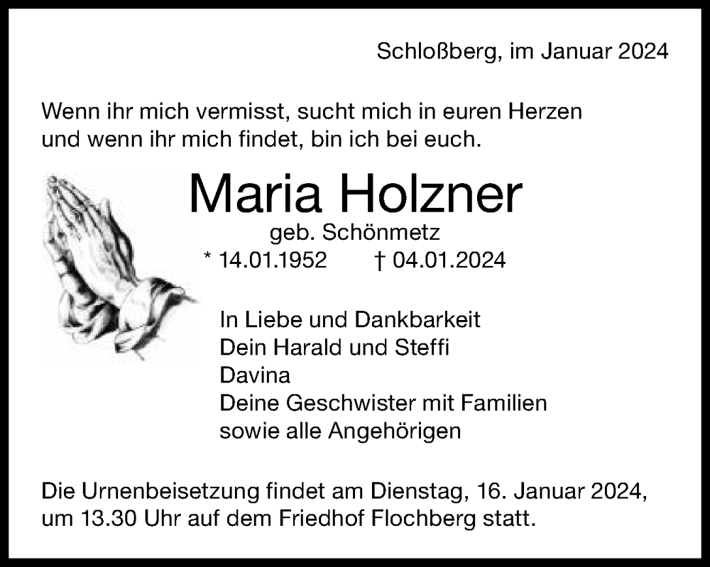  Traueranzeige für Maria Holzner vom 10.01.2024 aus Schwäbische Post